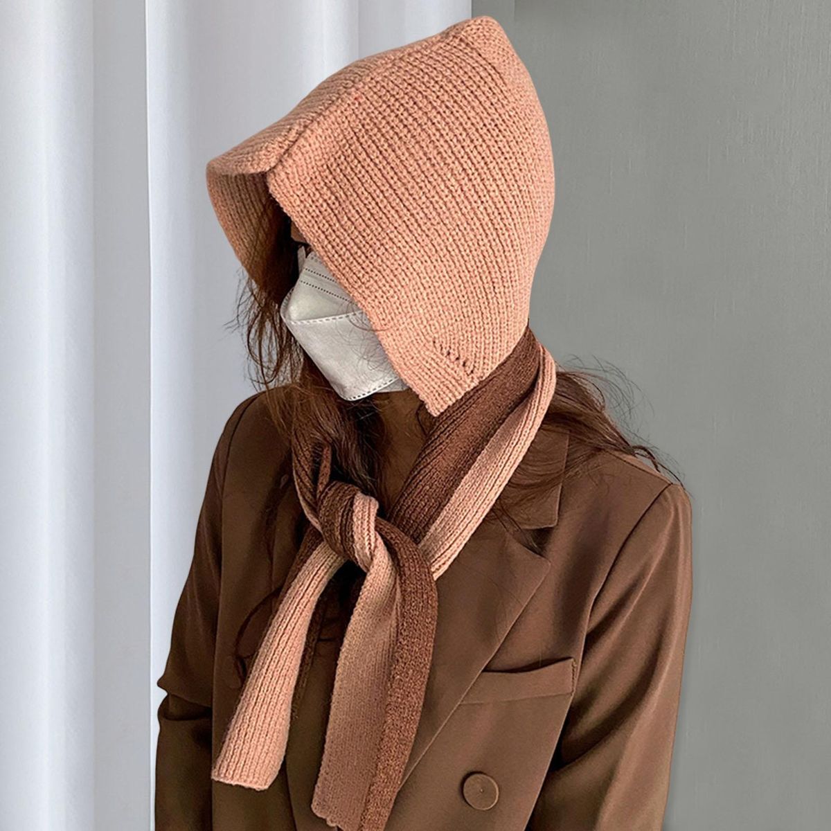 Scarf Hat Autumn Winter Women Knitting Hooded Scarf Pink
