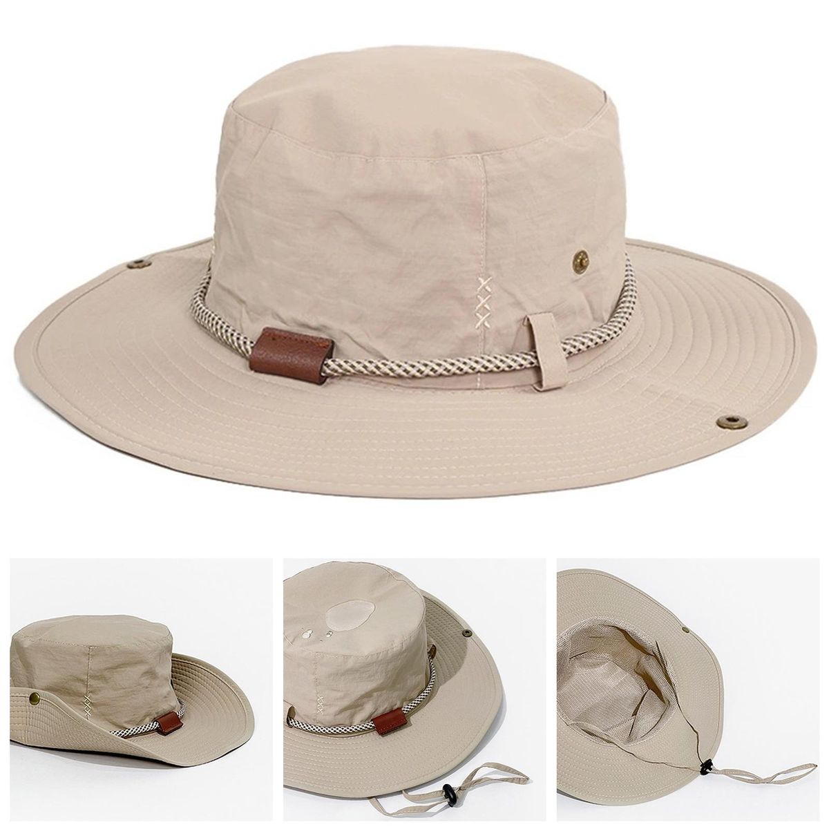 Sun Hat Japanese Style Wide Brim Drawstring Fishing Hat Beige