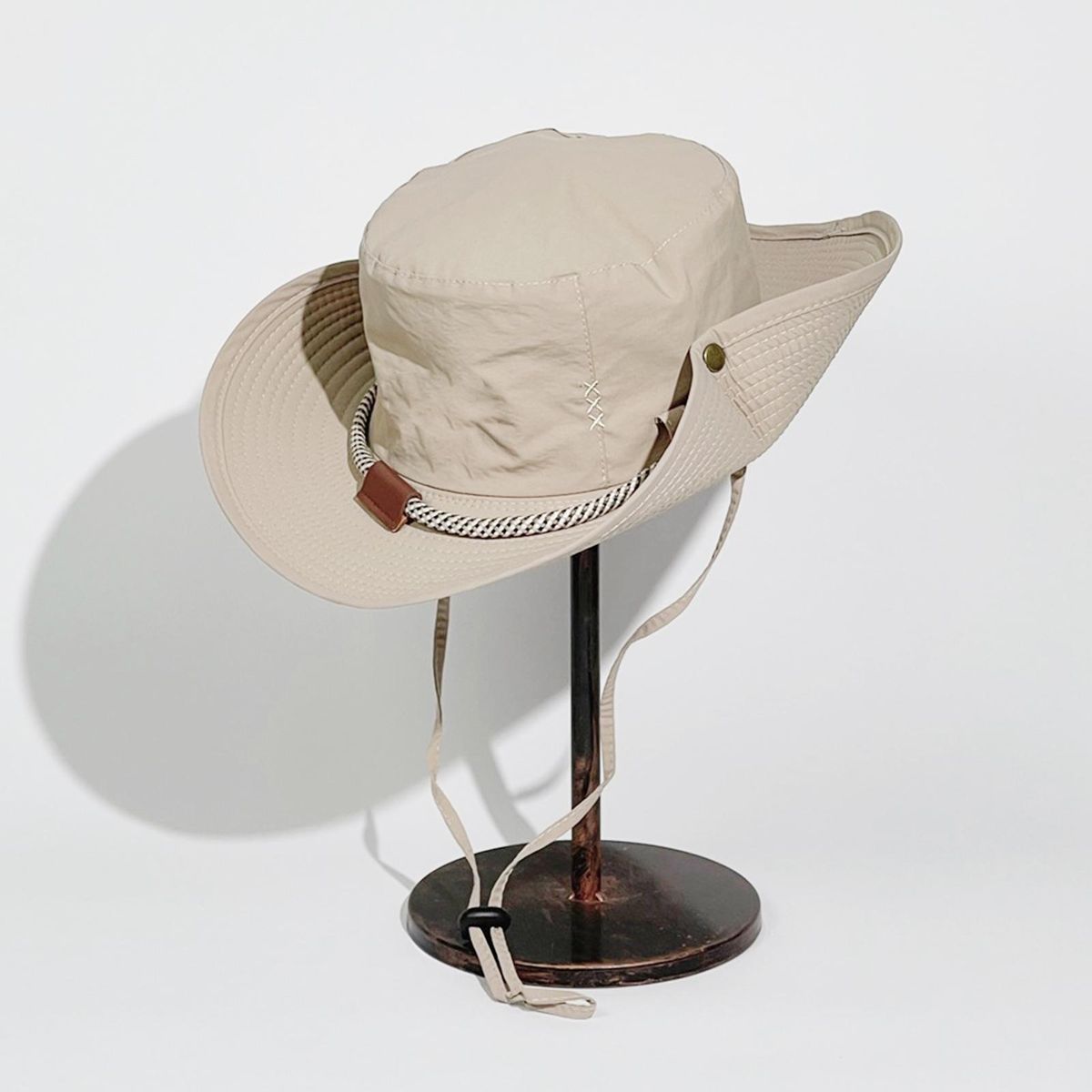 Sun Hat Japanese Style Wide Brim Drawstring Fishing Hat Beige