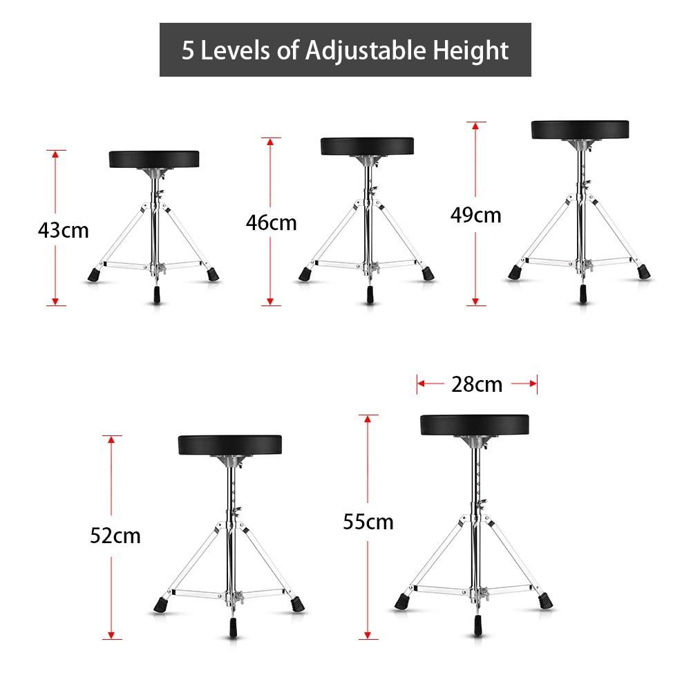 Universal Drum Throne Round Padded Drum Seat Stool Single-braced Stainless Steel Legs Anti-slip 5 Levels Adajustable Height for Adult Drummers