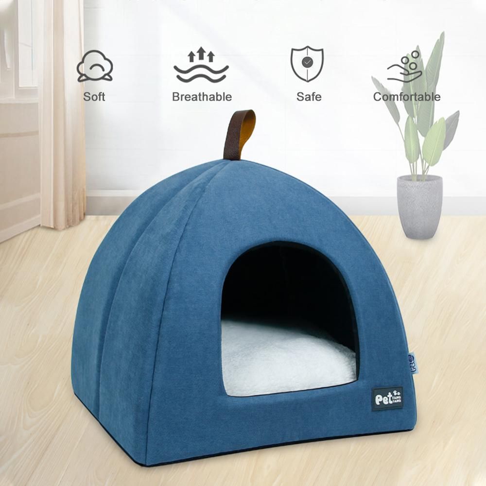 Foldable Cat Bed Breathable Cat House Indoor Pet Tent Dog Bed with Mat (Blue, Size L)