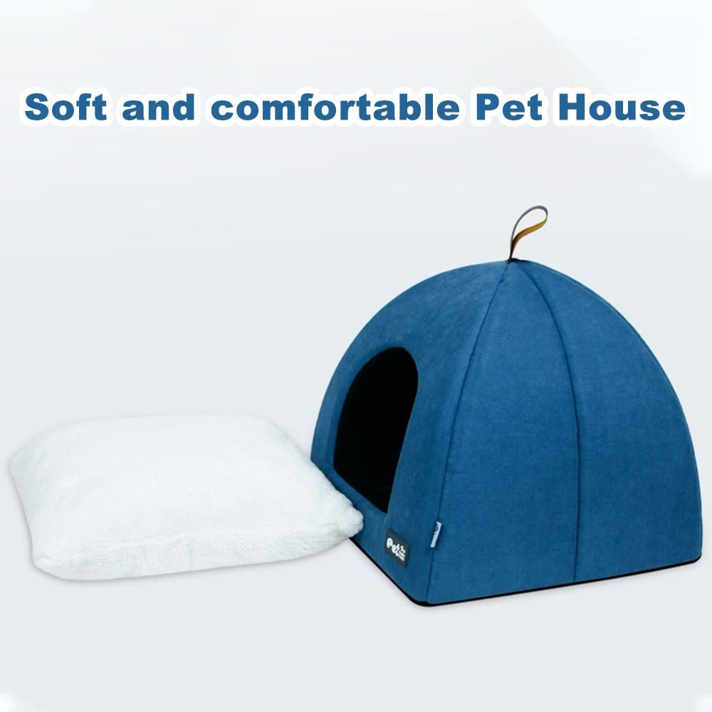 Foldable Cat Bed Breathable Cat House Indoor Pet Tent Dog Bed with Mat (Blue, Size L)