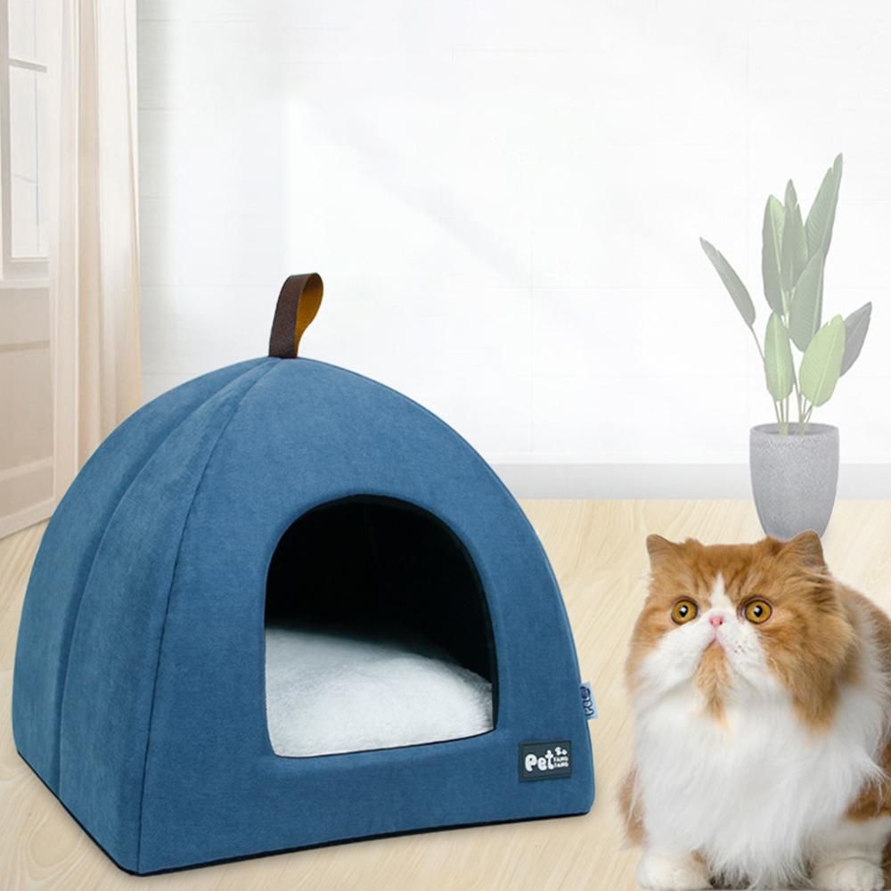 Foldable Cat Bed Breathable Cat House Indoor Pet Tent Dog Bed with Mat (Blue, Size L)
