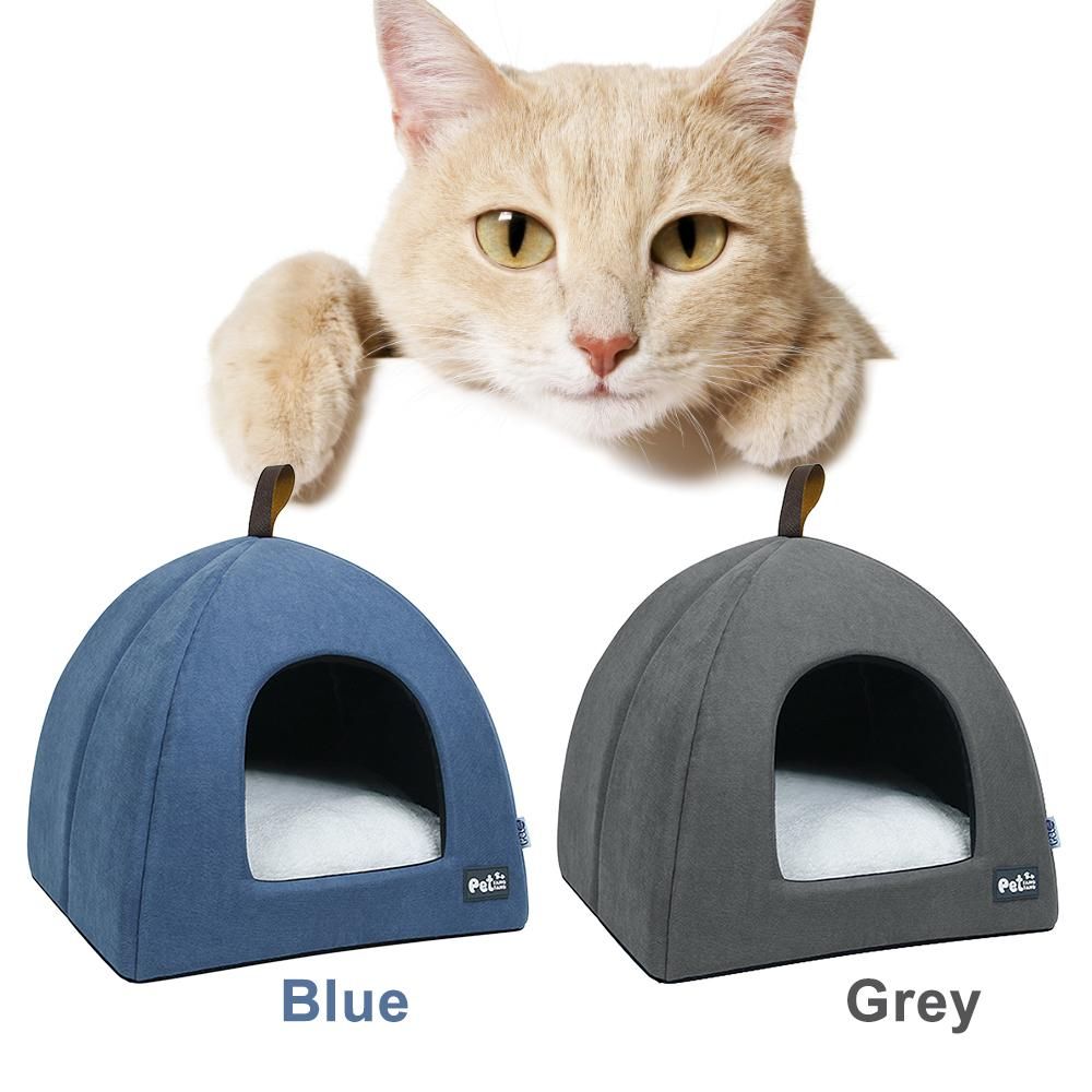 Foldable Cat Bed Breathable Cat House Indoor Pet Tent Dog Bed with Mat (Blue, Size L)