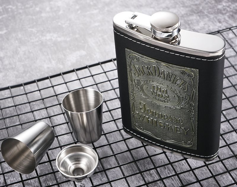 80Z Hip Flask Set -PU Leather Body Cover With Funnel 2 Cups