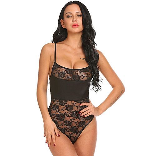 Women Sexy Lingerie Set Floral Lace High Leg Cut See-through Patchwork Bodydoll-Black