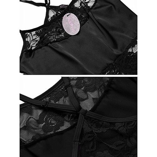 Women Sexy Lingerie Set Floral Lace High Leg Cut See-through Patchwork Bodydoll-Black