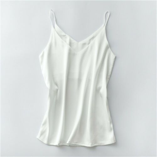 Off-White V Neck Satin Camisole Silk Top Loose Sleeveless Spaghetti Strap Tank Blouse For Women