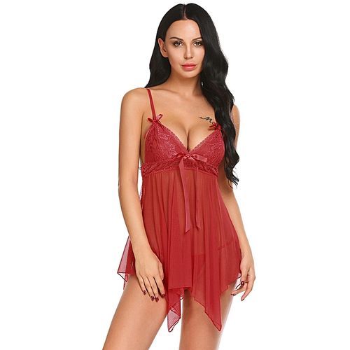 Sexy Lingerie Spaghetti Strap Irregular Hem Babydoll Chemise And G-string Set Nightwear