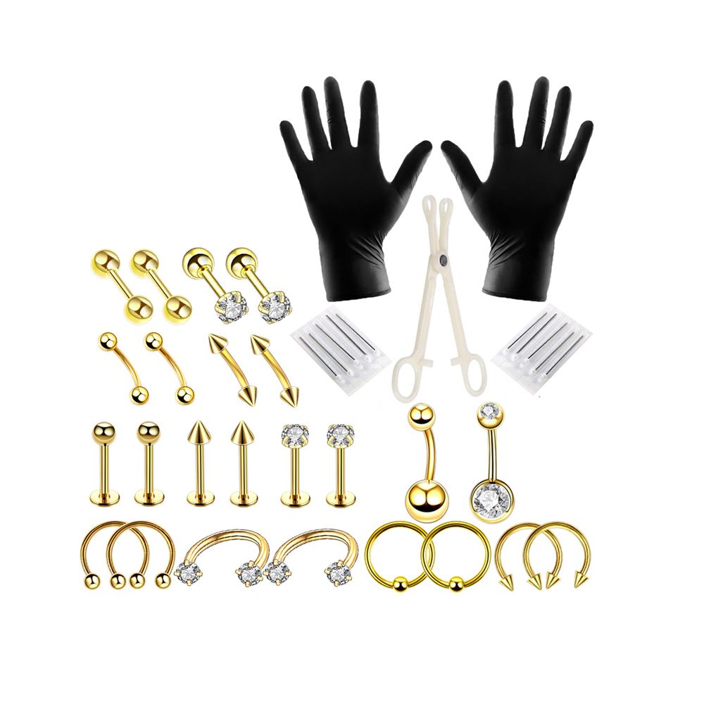 37 Piece Belly Button Tongue Body Jewelry Piercing Kit-Gold