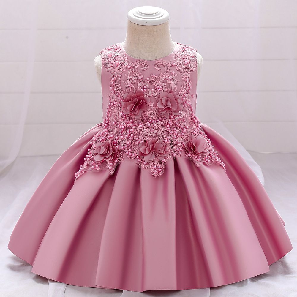Beaded Lace Chest Girls Special Occasion Dress-PEACH