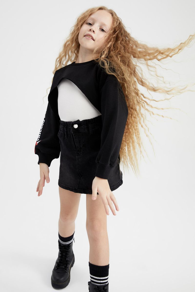 Girl - Cropped Fit Crew Neck Long Sleeve Knitted Sweat Shirt - Black