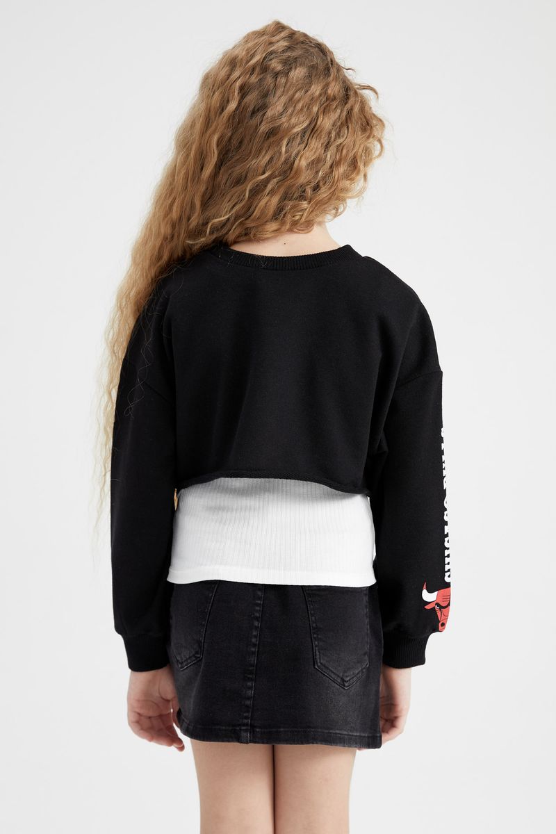 Girl - Cropped Fit Crew Neck Long Sleeve Knitted Sweat Shirt - Black