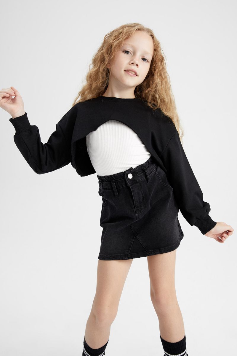 Girl - Cropped Fit Crew Neck Long Sleeve Knitted Sweat Shirt - Black