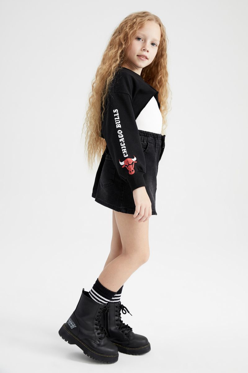 Girl - Cropped Fit Crew Neck Long Sleeve Knitted Sweat Shirt - Black