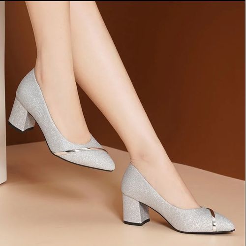 Ladies Mid-Low Heel Pointed Pump High Heels Dress Shoes-silver