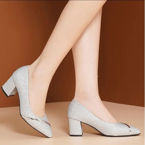 Ladies Mid-Low Heel Pointed Pump High Heels Dress Shoes-silver
