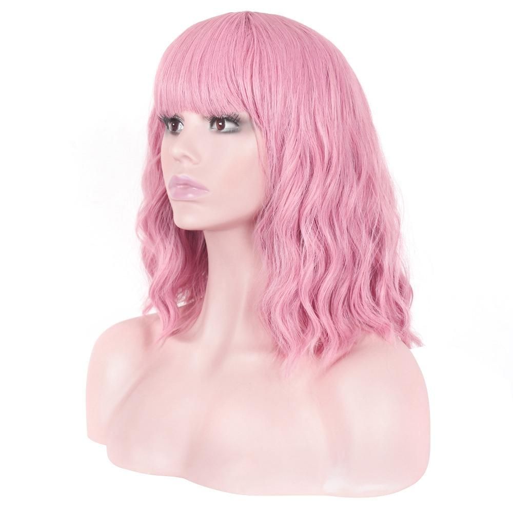 Wavy Short Wigs with Air Bangs Shoulder Length Wig Cosplay Wig Water Ripple Corn Perm Hairstyle Daily Fashion Wig