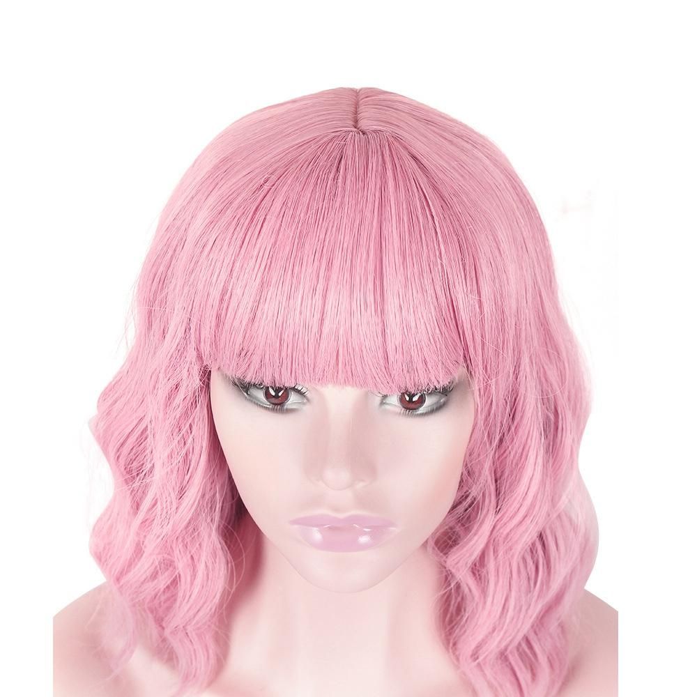 Wavy Short Wigs with Air Bangs Shoulder Length Wig Cosplay Wig Water Ripple Corn Perm Hairstyle Daily Fashion Wig