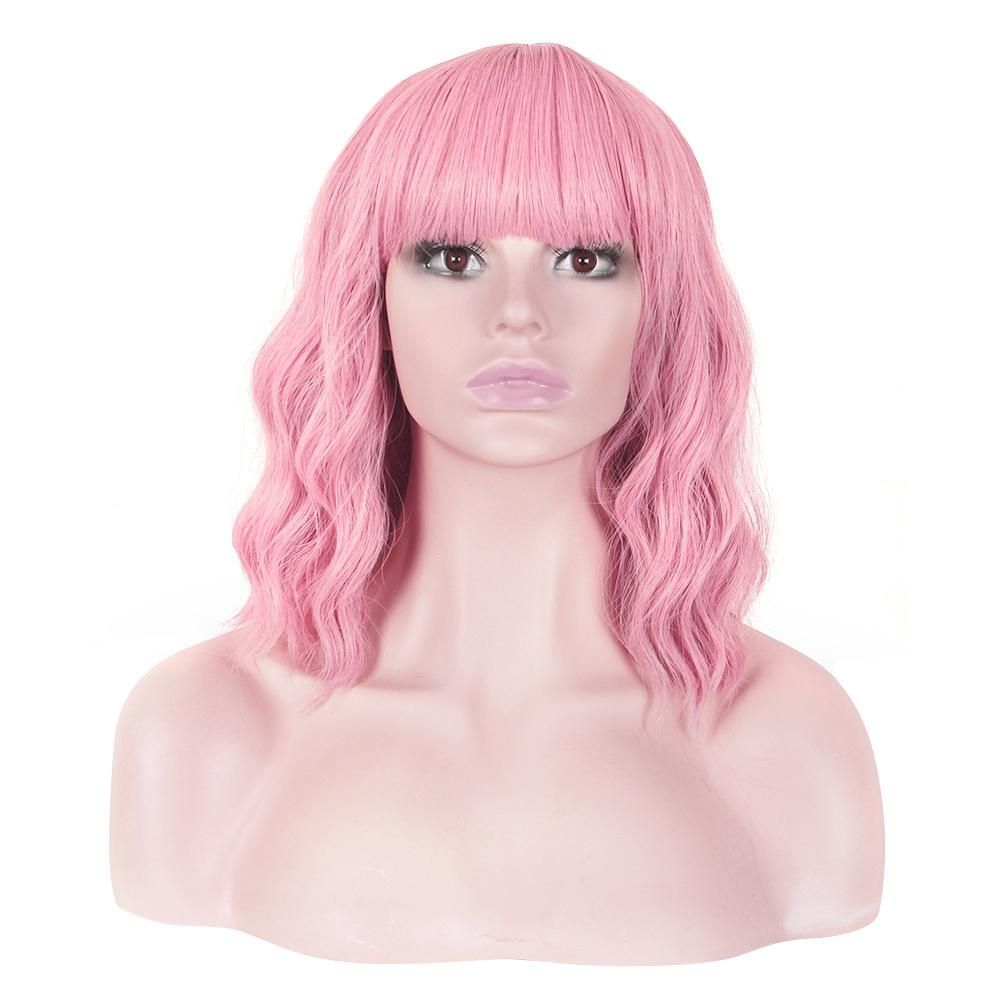 Wavy Short Wigs with Air Bangs Shoulder Length Wig Cosplay Wig Water Ripple Corn Perm Hairstyle Daily Fashion Wig