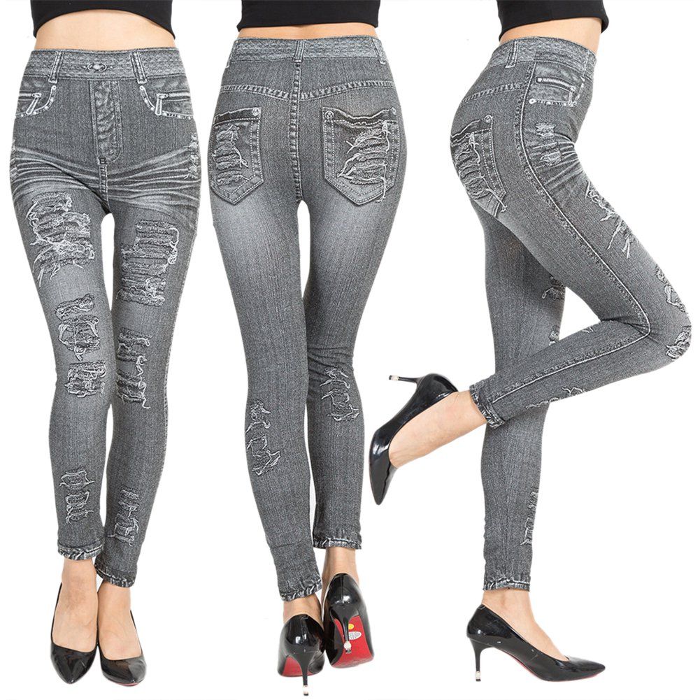 Big Girls Gray Stretch Faux Jean Leggings( Fit UK 8-12)