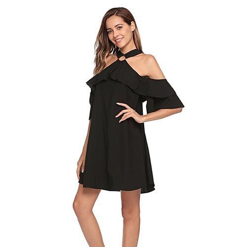 Women Halter Flare Sleeve Cold Shoulder A-line Dress Mini Casual Beach ( Black )