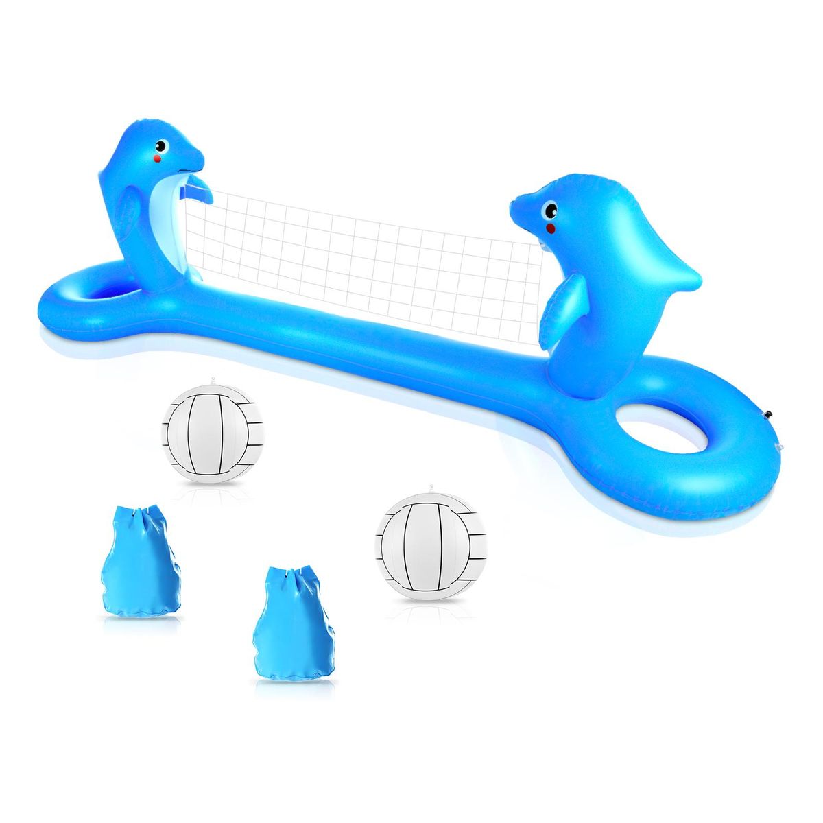 Inflatable Pool Volleyball Net Cute Dolphin Shaped Volleyball Court with 2 Balls & 2 Bags Swimming Game Pool Toys for Kids Adults for Outdoor Backyard Pool Party Summer Water Float Activity
