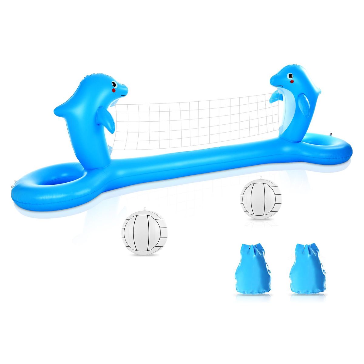Inflatable Pool Volleyball Net Cute Dolphin Shaped Volleyball Court with 2 Balls & 2 Bags Swimming Game Pool Toys for Kids Adults for Outdoor Backyard Pool Party Summer Water Float Activity