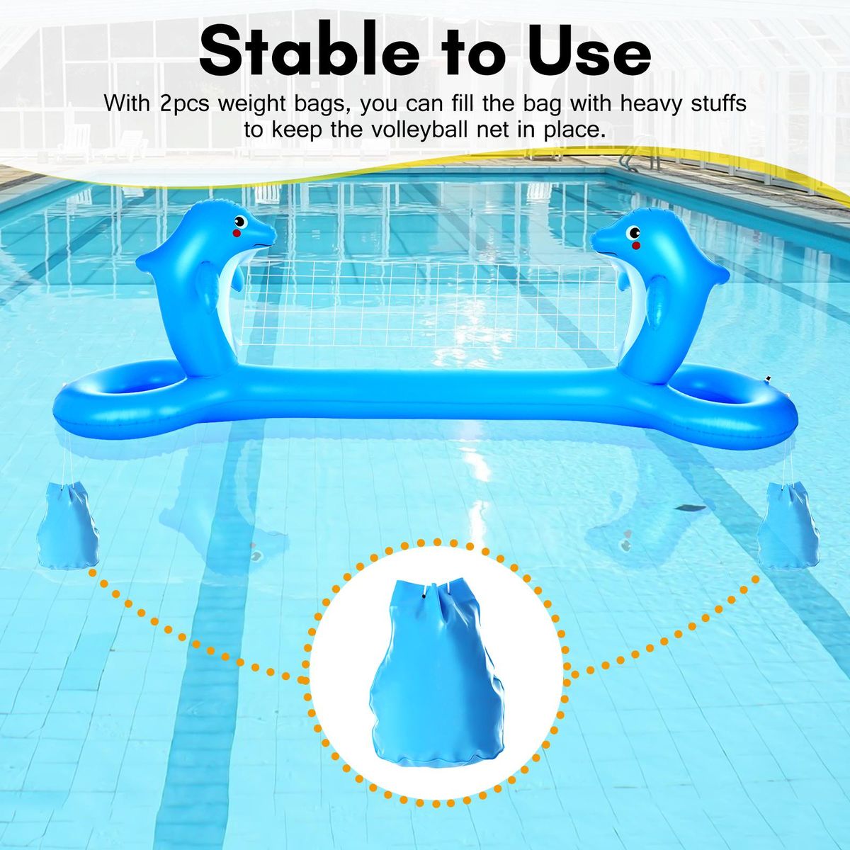 Inflatable Pool Volleyball Net Cute Dolphin Shaped Volleyball Court with 2 Balls & 2 Bags Swimming Game Pool Toys for Kids Adults for Outdoor Backyard Pool Party Summer Water Float Activity