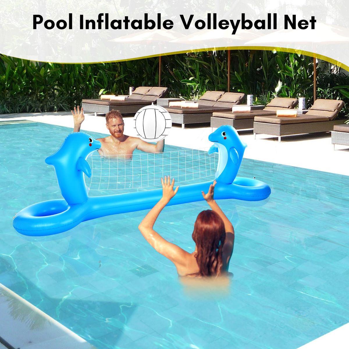 Inflatable Pool Volleyball Net Cute Dolphin Shaped Volleyball Court with 2 Balls & 2 Bags Swimming Game Pool Toys for Kids Adults for Outdoor Backyard Pool Party Summer Water Float Activity