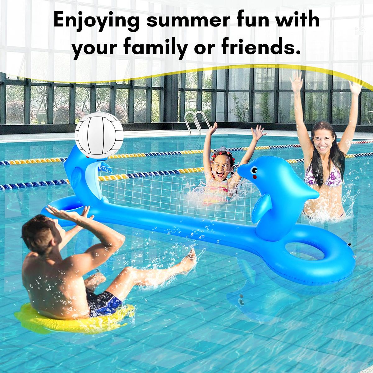 Inflatable Pool Volleyball Net Cute Dolphin Shaped Volleyball Court with 2 Balls & 2 Bags Swimming Game Pool Toys for Kids Adults for Outdoor Backyard Pool Party Summer Water Float Activity