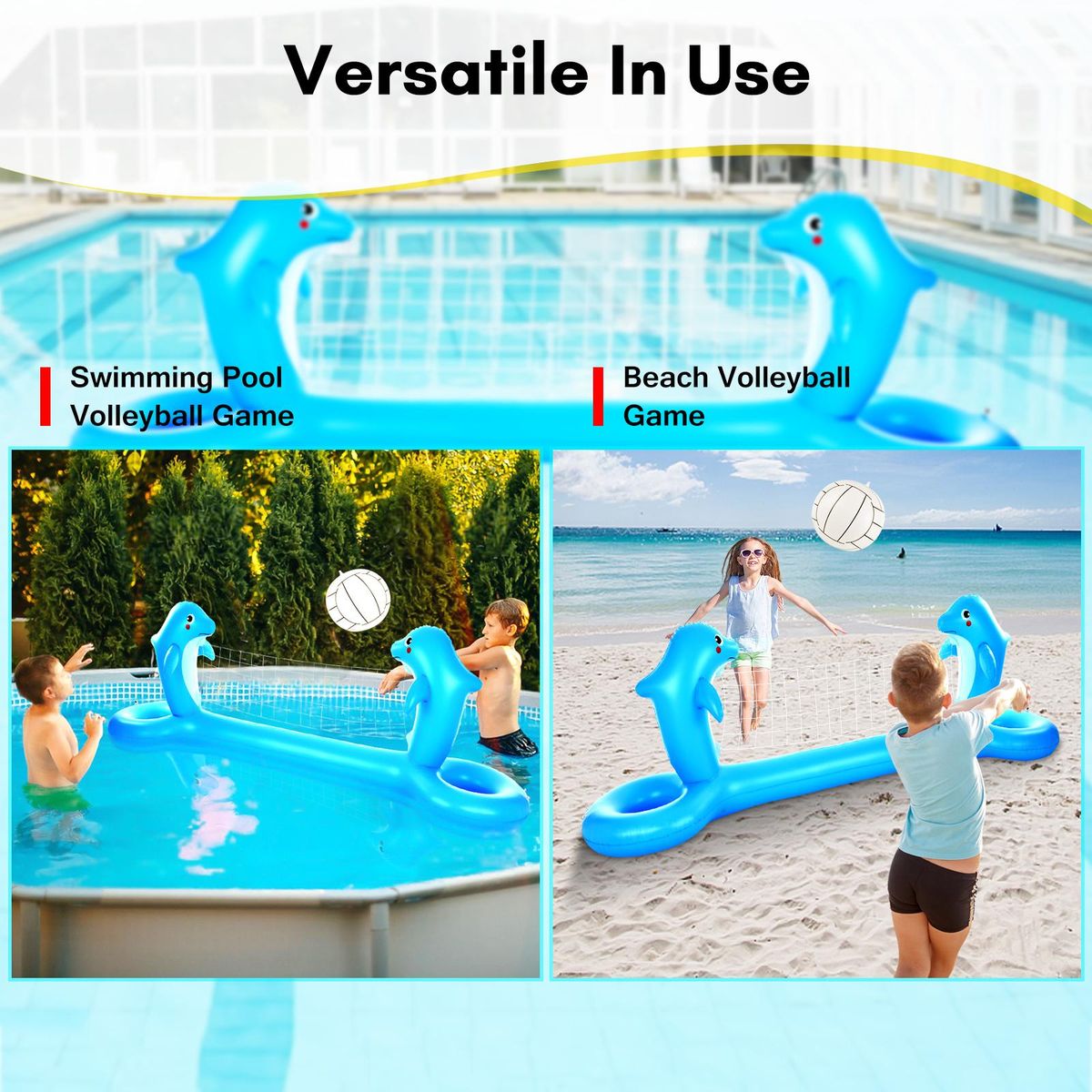 Inflatable Pool Volleyball Net Cute Dolphin Shaped Volleyball Court with 2 Balls & 2 Bags Swimming Game Pool Toys for Kids Adults for Outdoor Backyard Pool Party Summer Water Float Activity