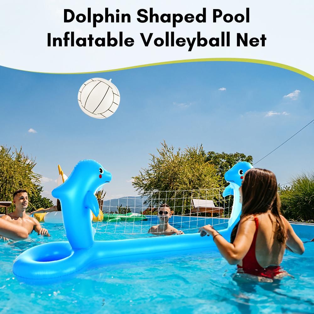 Inflatable Pool Volleyball Net Cute Dolphin Shaped Volleyball Court with 2 Balls & 2 Bags Swimming Game Pool Toys for Kids Adults for Outdoor Backyard Pool Party Summer Water Float Activity