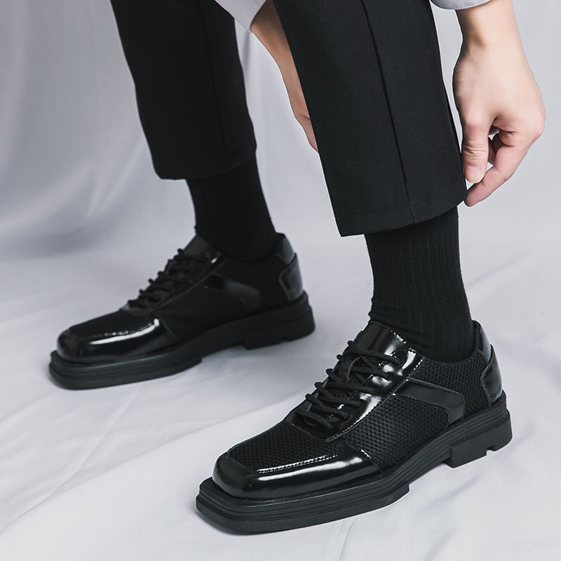 New Classic Men Square Toe Formal Dress Shoes Mens Platform Leather+Mesh Oxfords Lace Up Thick Sole Male Casual Shoes Banquet Wedding Shoes Party Shoes Black EUR Size 38-45