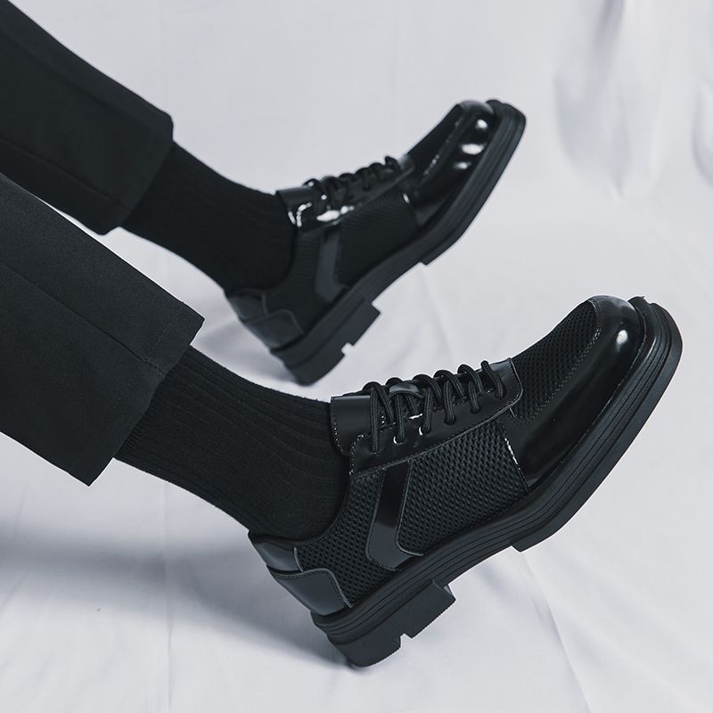 New Classic Men Square Toe Formal Dress Shoes Mens Platform Leather+Mesh Oxfords Lace Up Thick Sole Male Casual Shoes Banquet Wedding Shoes Party Shoes Black EUR Size 38-45