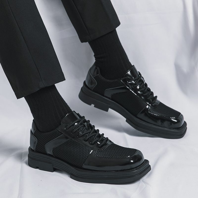 New Classic Men Square Toe Formal Dress Shoes Mens Platform Leather+Mesh Oxfords Lace Up Thick Sole Male Casual Shoes Banquet Wedding Shoes Party Shoes Black EUR Size 38-45