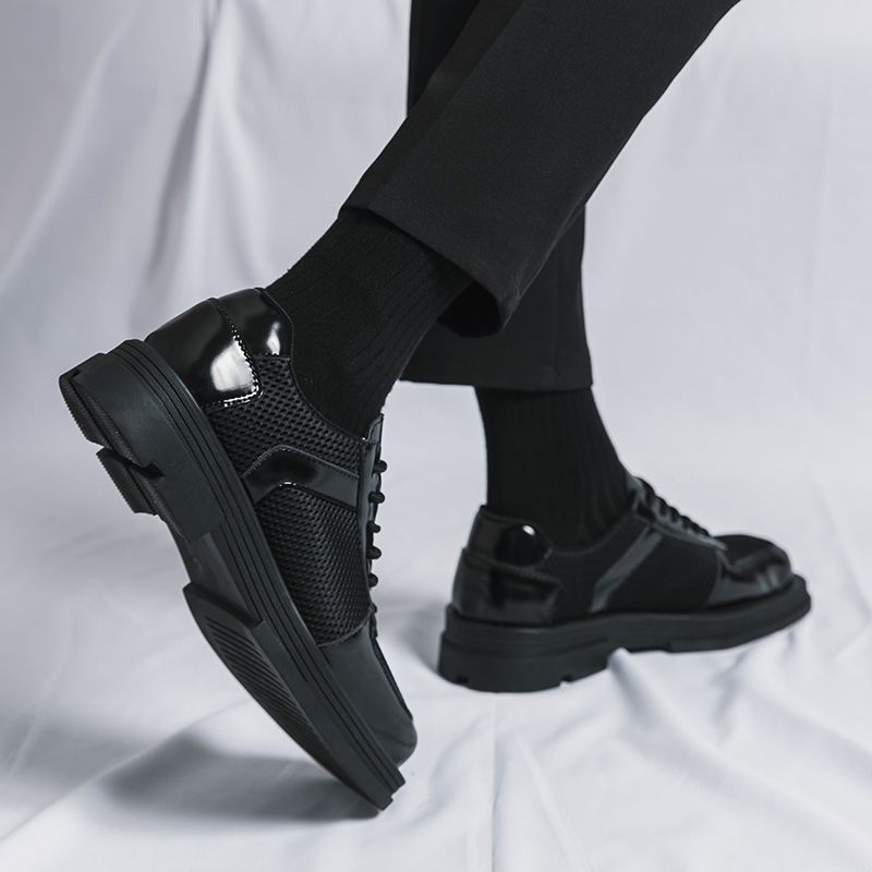 New Classic Men Square Toe Formal Dress Shoes Mens Platform Leather+Mesh Oxfords Lace Up Thick Sole Male Casual Shoes Banquet Wedding Shoes Party Shoes Black EUR Size 38-45