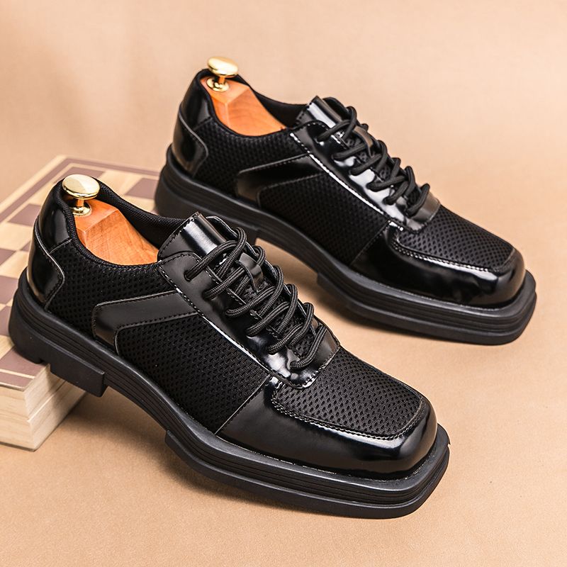 New Classic Men Square Toe Formal Dress Shoes Mens Platform Leather+Mesh Oxfords Lace Up Thick Sole Male Casual Shoes Banquet Wedding Shoes Party Shoes Black EUR Size 38-45