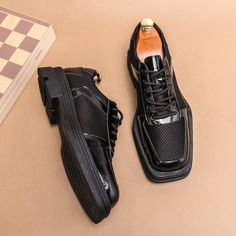 New Classic Men Square Toe Formal Dress Shoes Mens Platform Leather+Mesh Oxfords Lace Up Thick Sole Male Casual Shoes Banquet Wedding Shoes Party Shoes Black EUR Size 38-45
