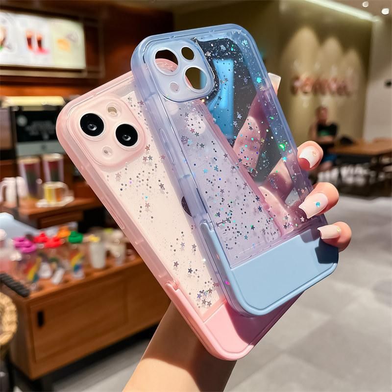 Candy color camera lens stand clear glitter phone case for iPhone 13 12 11 14 15 pro max 15 invisible folding Holder back cover