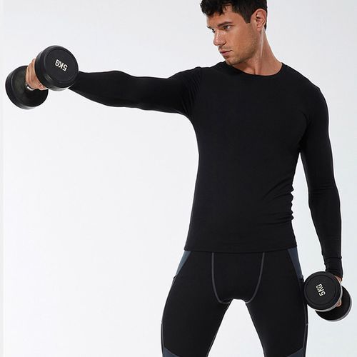 Men's Training Sports T-Shirt Fitness Compression Long Sleeve Tops（Black）