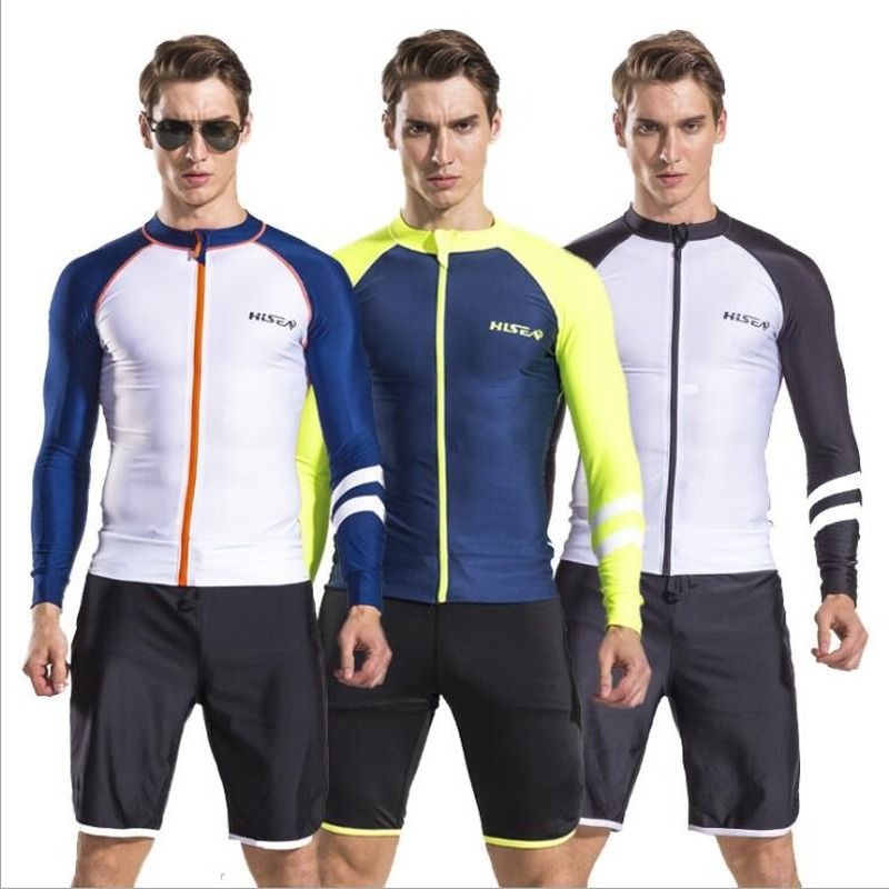 Long Sleeves Men Beach T-shirt Rash Guards Swimsuit Sunscreen Zipper Cardigan Tops Swimsuit For
