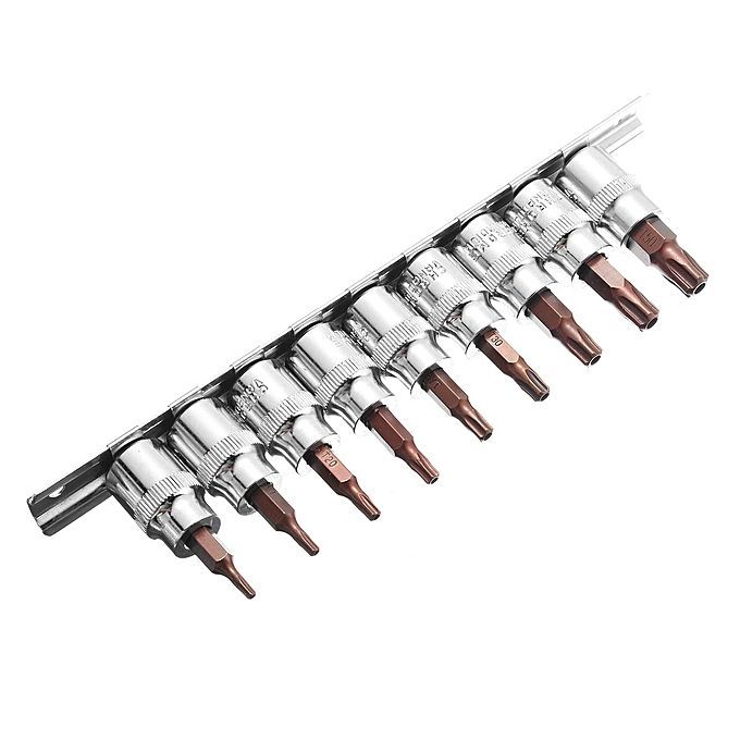 9Pcs 3/8'' Drive 5 Point Star Torx Socket Bit Screwdriver T10 - T50 Tools Set