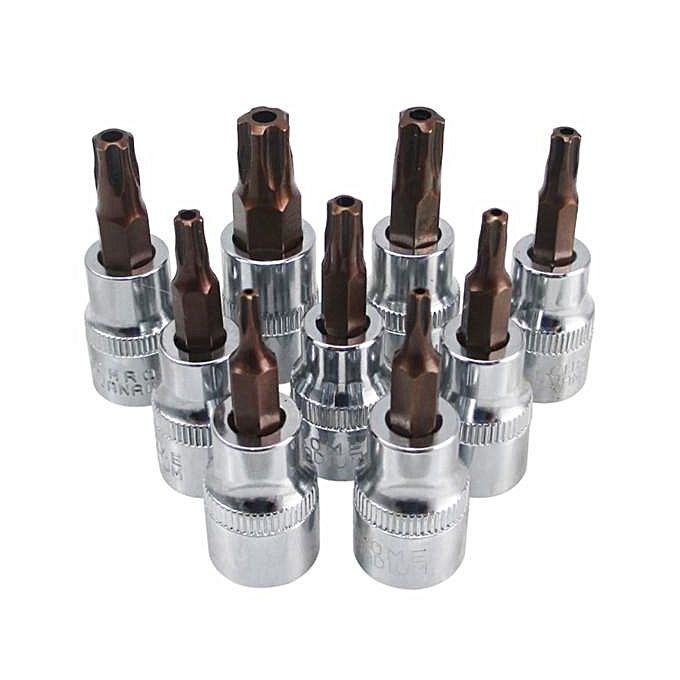 9Pcs 3/8'' Drive 5 Point Star Torx Socket Bit Screwdriver T10 - T50 Tools Set