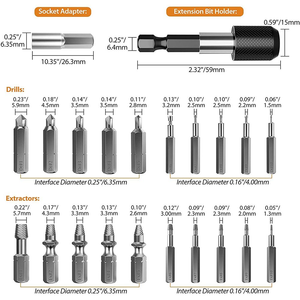 22 PCS Screw Extractor Kit, HSS Remover Set With Bit &