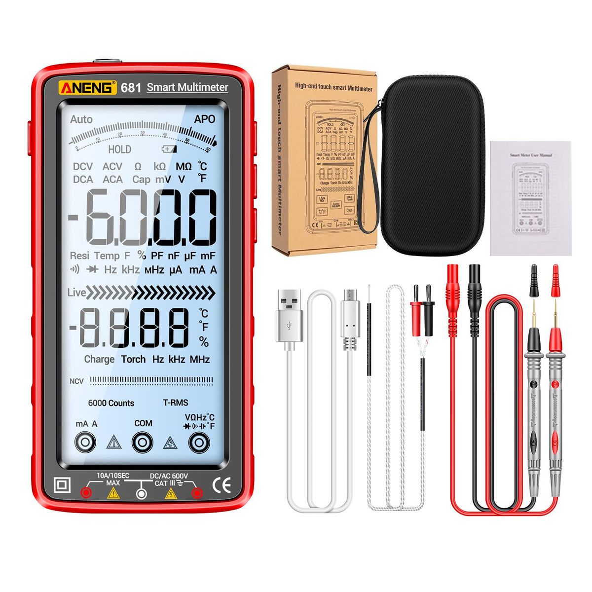 ANENG 681 6000 Counts Digital Multimeter Smart Anti-burn Rechargeable Universal Meter NCV Tester 5-inch Large LCD with Backlit Flashlight for Voltage Current Resistance Capacitance Temperature Frequency On/Off Diode Measureme