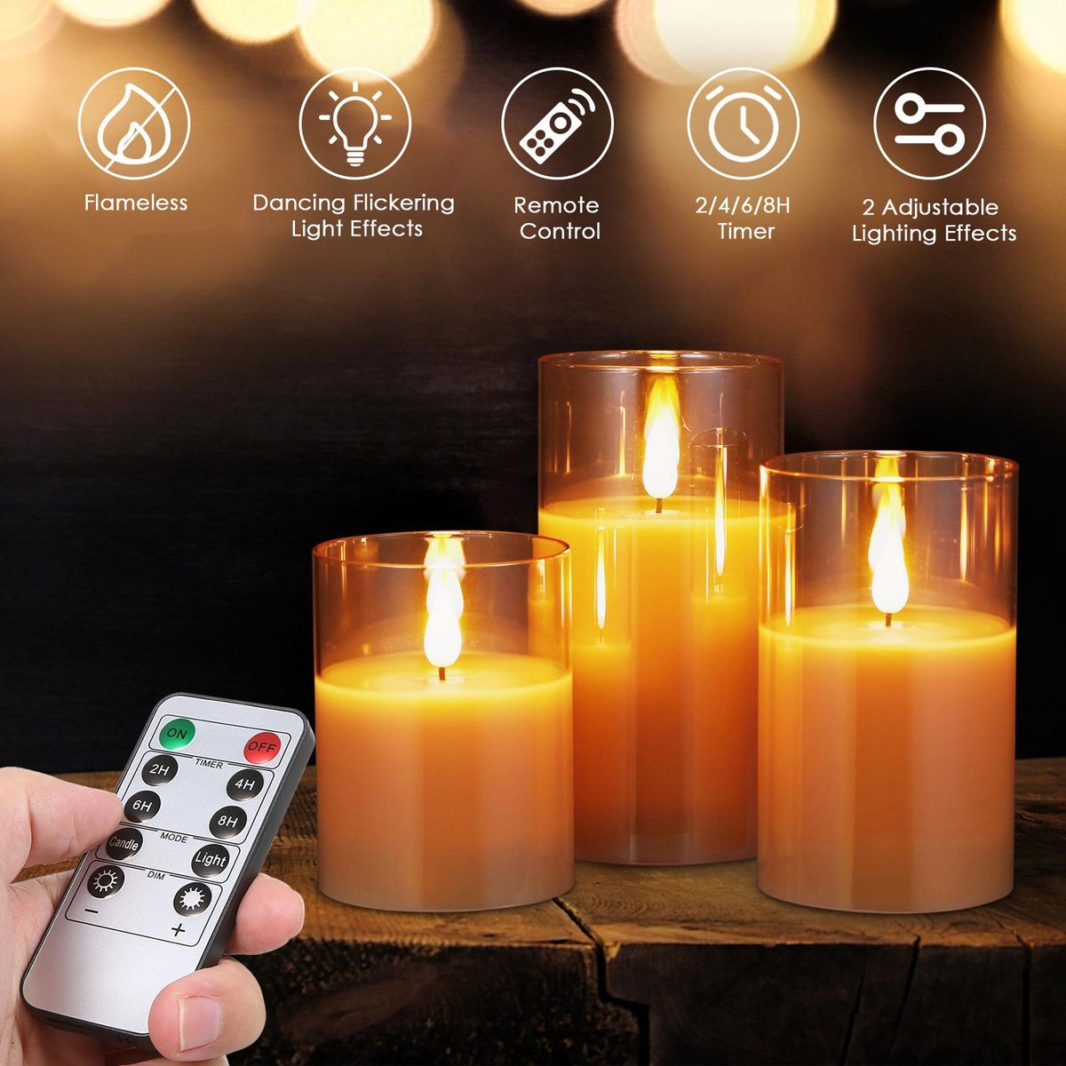 Neoglint Flickering Flameless Candle Lights with Remote Controller 3pcs Batterys Operated Realistic LEDs Candles Warm Lighting Candle Lights with 2 Lighting Modes 5 Brightness Levels Timer Function for Indoor Outdoor Dinner P