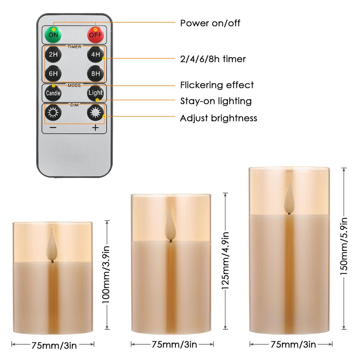 Neoglint Flickering Flameless Candle Lights with Remote Controller 3pcs Batterys Operated Realistic LEDs Candles Warm Lighting Candle Lights with 2 Lighting Modes 5 Brightness Levels Timer Function for Indoor Outdoor Dinner P