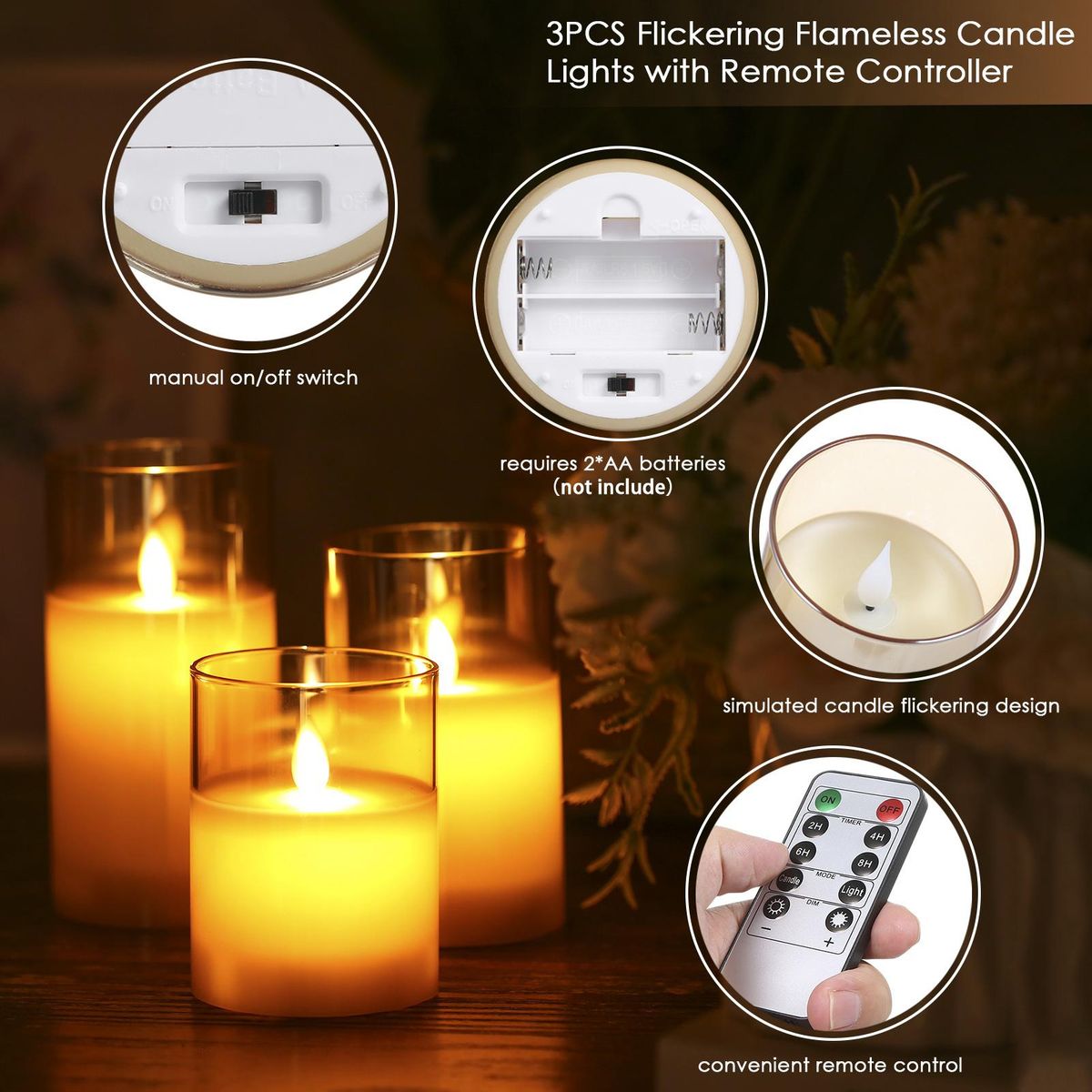 Neoglint Flickering Flameless Candle Lights with Remote Controller 3pcs Batterys Operated Realistic LEDs Candles Warm Lighting Candle Lights with 2 Lighting Modes 5 Brightness Levels Timer Function for Indoor Outdoor Dinner P