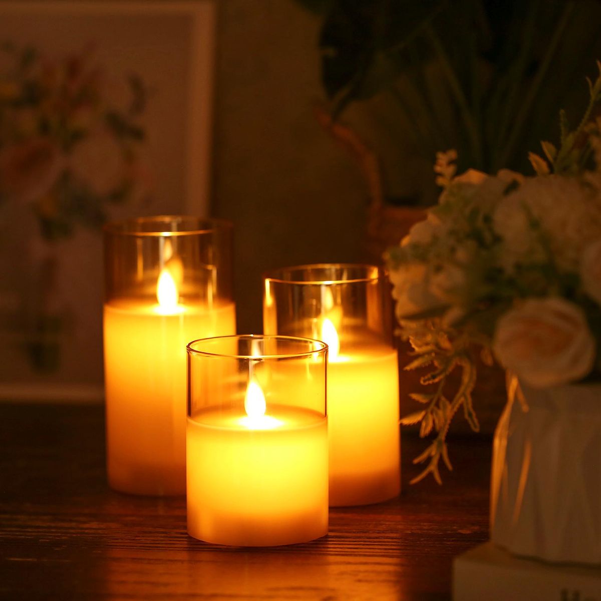 Neoglint Flickering Flameless Candle Lights with Remote Controller 3pcs Batterys Operated Realistic LEDs Candles Warm Lighting Candle Lights with 2 Lighting Modes 5 Brightness Levels Timer Function for Indoor Outdoor Dinner P